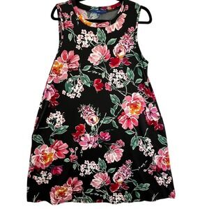 Apt. 9 Floral Design Black A Line Swing Jewel Neck Dress with Pockets Size Large